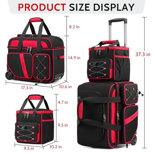 BOSSTIN 3 Ball Bowling Bag with Wheels, 2 Ball Bowling Bags Double roller with 1 Ball Add On Bag, Multi-Pockets & Shoe Compartment (Fits Up to Size 15) - color: Red