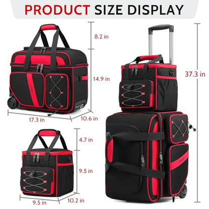 BOSSTIN 3 Ball Bowling Bag with Wheels, 2 Ball Bowling Bags Double roller with 1 Ball Add On Bag, Multi-Pockets & Shoe Compartment (Fits Up to Size 15) - color: Red