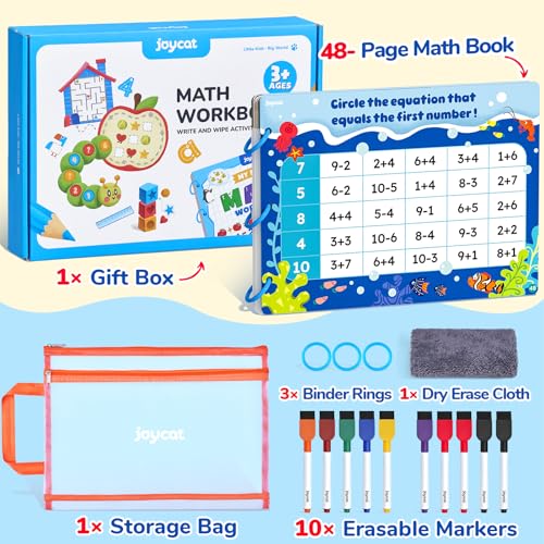 JoyCat Math Busy Book for Toddlers — Reusable Preschool Workbook with 10 Dry-Erase Markers, Number Tracing & Counting Activity Book for Kids Ages 3–8, Kindergarten Learning Activities, Travel-Ready - style: 5. Math