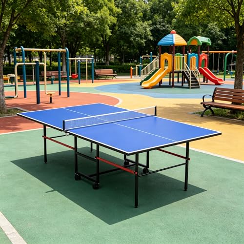 8FT Table Tennis Table with Net, Indoor/Outdoor Professional Ping Pong Table for Kids Adults, Folding Ping Pong Table, Complete Set with Paddles and Balls, School Playground Game Table - color: Blue