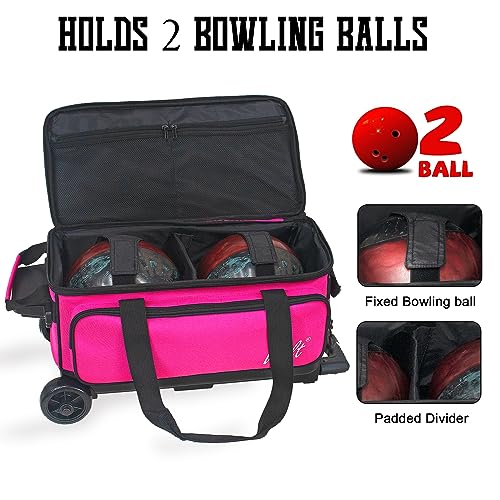 WOLT Double Roller 2 Ball Bowling Bag with Separate Shoe Compartment, Large Capacity Bowling Ball Bag with Accessory Pocket, Retractable Handle Extends to 40" - color: Pink