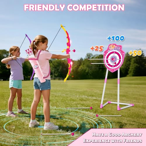VATOS 2 Pack Bow and Arrow Toy with LED Light - 4 in 1 Archery & Dart Game Set with 20 Suction Cup Arrows, Mermaid Glow Target & Dart Board - Indoor/Outdoor Birthday Gift for Kids Boys Girls Ages 5-12 - color: Pink