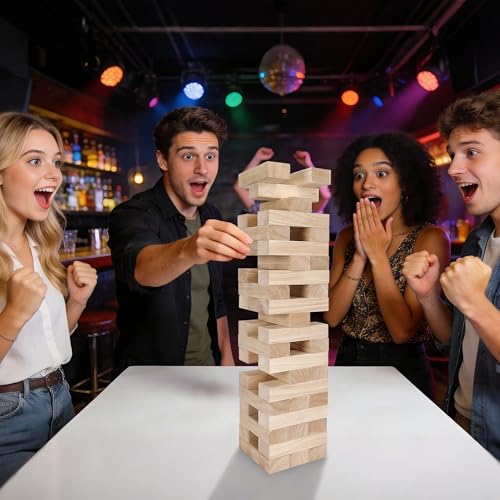 Offelec Giant Tumbling Tower Game with Carry Bag - 54 Jumbo Wooden Stacking Blocks for Indoor Outdoor Yard Games, Large Tower Stacking Grows to Over 4 FT Tall - Family Party Toy for Kids & Adults - style: Over 4 Ft