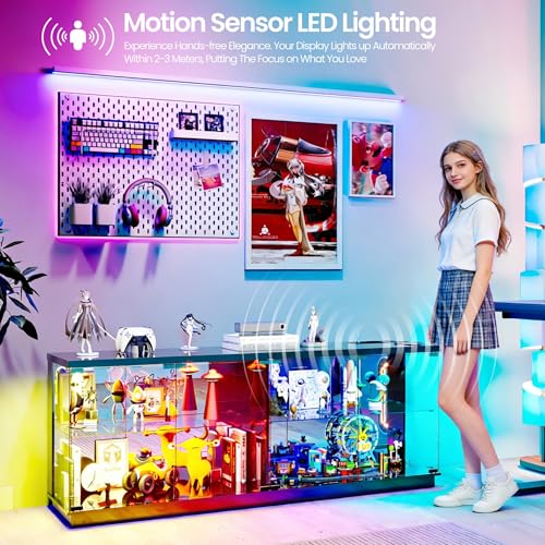 Lvifur 59" W Large Display Case - with Glass Door,Glass Display Cabinet with RGB Lights for Collectibles,Lighted Cuiro Cabinet with Motion Sensor Light,Charging Station,China Cabinets,Black - color: Black