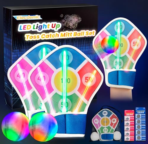 Light Up Toss Catch Mitt Paddle Ball Game Set Glow in Dark Led Flashlight Glove Fun Activities Target Dart Sports Toys Baseball Gifts Outdoor Indoor Boy Girl Kids Family Age 3-12 Years Old - color: Blue 2 Mitts 2 Balls