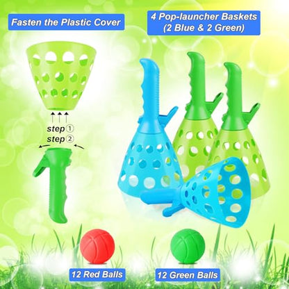 Duckura Outdoor Indoor Game Activities for Kids, Pop-Pass-Catch Ball Game with 4 Catch Launcher Baskets and 24 Balls, Easter Basket Stuffers Gifts Party Favors Beach Sport Toys for Kids Age 5 6 7 8 9+