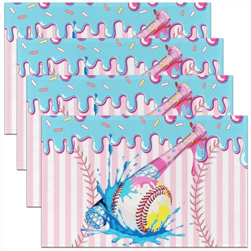 Ice Cream Drip Baseball Kids Placemats Set of 4,Baseball Bat Ball Sport Game Table Place Mats,Geometric Stripes Patchwork Kitchen Decor,Blue Pink Placemat Kitchen Table Decoration 12"x18" - color: Blue Pink