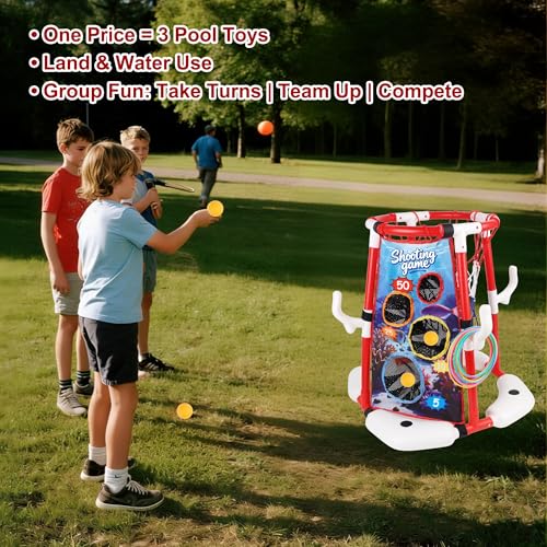 yofit 3-in-1 Pool Basketball Hoop Set, Floating Pool Toys with 14 Balls 12 Rings Toss Games Pump, Outdoor Summer Basketball Game at Swimming Poolside for Kids Ages 4-12 Adults Family Fun - color: Red
