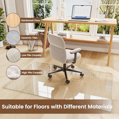 46"x55" Tempered Glass Chair mat for Carpet, Office Chair Mat with Round Corner, Desk Chair Mat for Carpet/Hardwood Floor/Rolling Chair-with 6 Anti-Slip Pads - size: 46x55