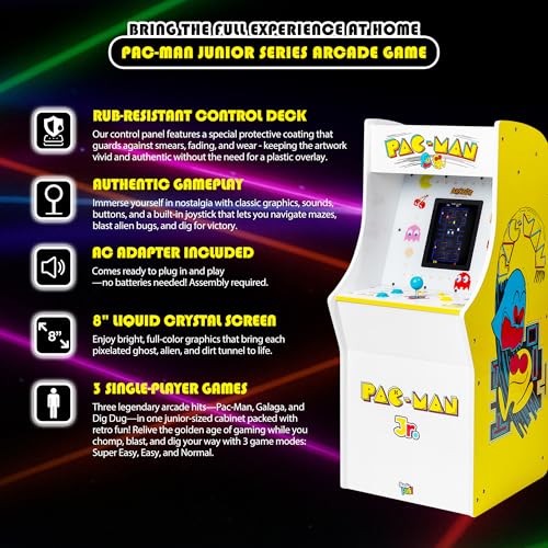 Arcade Classics Pac Man Jr Series Free Standing Machine, 3 Games, 8" Liquid Crystal Screen - Arcade Game for Basements, Garages, or Game Rooms - style: PacManJR Counter Series