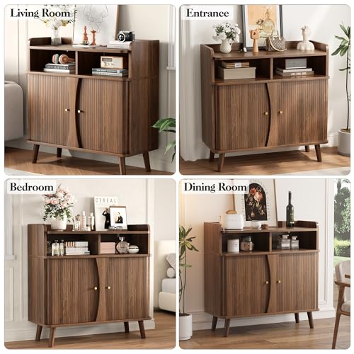 Decofy 39" Buffet Sideboard Cabinet, Mid Century Modern Console Cabinet with Roller Shutter Sliding Doors & Adjustable Shelves for Kitchen Cabinets, Living Room, Entryway, Coffee Bar Cabinet (Walnut) - color: Walnut