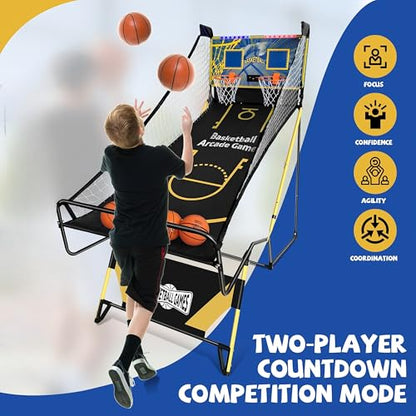 Small Arcade Basketball Game,Foldable Indoor Dual Basketball Scoring System with Sound Effects,Pump and Dual HoopsGame Modes for Family Game