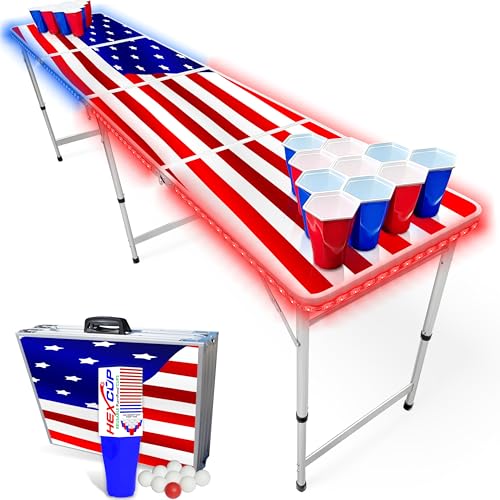 8-Foot Regulation Length Folding Table w/Optional Cup Holes, LED Lights, Custom Graphic (Choose Your Model) - color: Stars & Stripes, style: w/ LED Lights