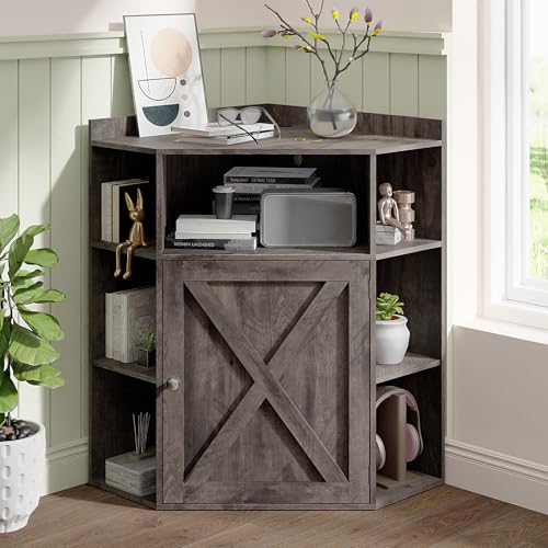 Vabches Corner Cabinet, Corner Storage Shelf with USB Ports and Outlets Industrial Organizer for Small Space Wooden 6-Cubby Bookshelf for Study, Playroom, Living Room (Rustic Grey) - color: Rustic Grey