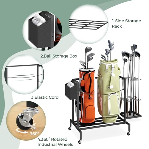 MAHANCRIS Golf Bag Organizer for Garage, Golf Bag Storage Stand Fits 2 Golf Bags, Freestanding Golf Club Holder for Garage, Shed, Home, Basement, Other Golfing Equipment Accessories, Black BEBK17501