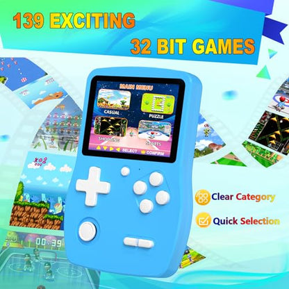 32 Bit Handheld Games for Kids Preloaded 139 Video Games, Portable Video Gaming Player with 3.0" IPS Screen and Rechargeable Battery, Mini Travel Games Electronic Gifts Toys for Boys Girls, Blue - color: Blue