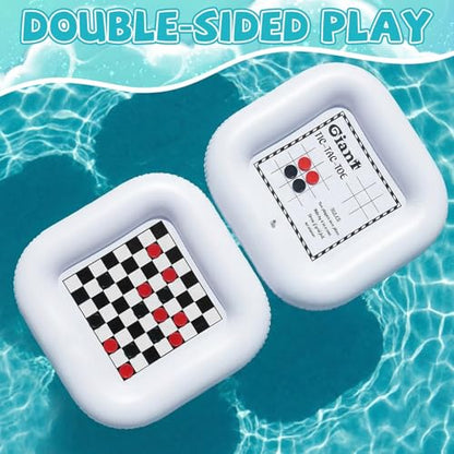 3-in-1 Pool Games Set Inflatable Giant Tic Tac Toe Checkers Board Game with 24 Chips 3.48Ft Double-Sided Foldable Float Water Toys Outdoor Play for Summer Swimming Pool Family Reunion Party