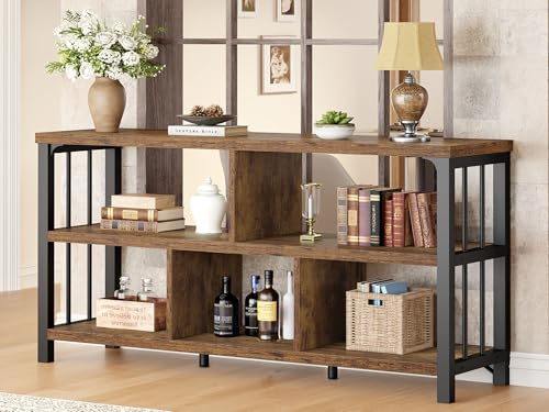 IBF 55” Bookshelf, 3 Tier Open Book Shelf, Wood Metal 5 Cube Storage Organizer, Modern Low Horizontal Bookshelf for Bedroom Living, Long Wide Office Cubby Bookcase with Storage, Rustic Brown, 55 in - color: Rustic Brown, size: 55 inch