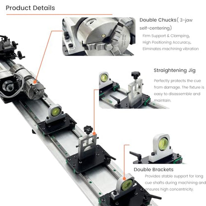 110V Pool Cue Repair Lathe 550W Brushless, 200-6500RPM Variable Speed, 1.3" Spindle Hole MT2 Taper, Double Track Chuck for Billiard Cue Tip Replacement & Slender Workpiece Processing