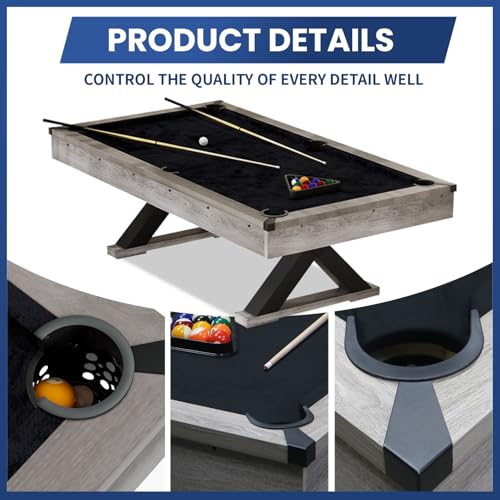 84" Rustic Grey Pool Table with X-Shaped Legs and Black Cloth – Includes Billiard Balls, Cues, and Accessories for Game Room & Home Entertainment (Grey Finish)