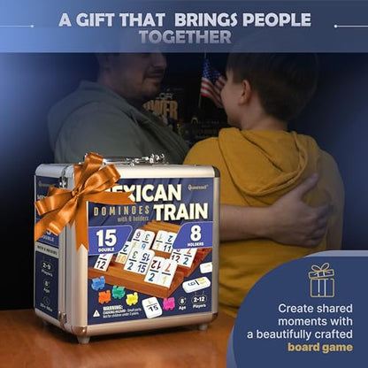 Queensell Mexican Train Dominoes Set Double 15 with Numbers - Dominoes Set for Adults and Family – 136 Tiles, 9 Trains, Wooden Hub, 8 Tile Holders, Aluminum Case (D15 Numbers + 8 Holders) - style: D15 Numbers + 8 Holders