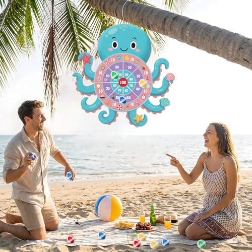 23" Ocean Theme Dartboard Target Game,Hawaii Dart Board Set,Hello Summer Dart Shooting Hawaiian Octopus Party Dart Tropical Party Supplies with 12 Stick Balls,Hook