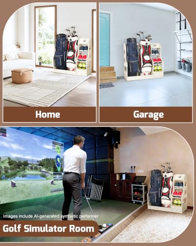 Mythinglogic Wooden Golf Bag Storage Rack, Golf Organizer with Shoe Shelves, Ball Holder & Drawer, MDF Golf Equipment Storage Cabinet for Home, Garage or Simulator Room - size: 2 golf bag rack-White