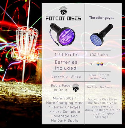 GlowBob Glow in The Dark Midrange Disc Golf Night Light Up Grip PDGA Approved Premium Plastic Recharge Cat Bob Stamp Black Blue Flashlight Combo Packs (GlowBob Blue + Jumbo Flashlight)