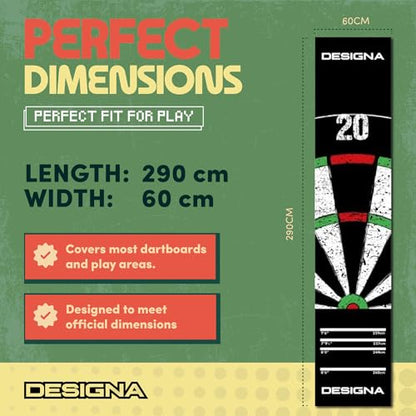 Designa Darts | Non-Slip Carpet Dart Mat with Double Top Design & Throw Lines | 290cm x 60cm