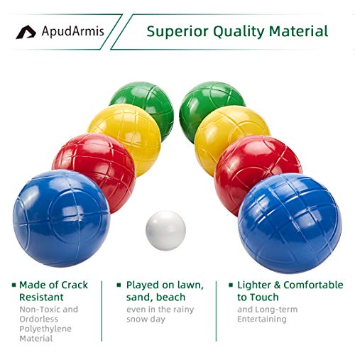 ApudArmis 90mm Bocce Balls Set, Lighter Outdoor Bocce Game for Backyard/Lawn/Beach - Set of 8 Soft PE Balls & 1 Pallino & Nylon Carrying Case & Measuring Tape for Teens Beginners - size: 90mm Universal Size