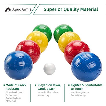 ApudArmis 90mm Bocce Balls Set, Lighter Outdoor Bocce Game for Backyard/Lawn/Beach - Set of 8 Soft PE Balls & 1 Pallino & Nylon Carrying Case & Measuring Tape for Teens Beginners - size: 90mm Universal Size