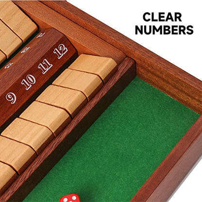 GSE Games & Sports Expert 2-Player Wooden Shut The Box 12 Numbers Dice Game Board with Red/Black Dice. Classic Tabletop Version of The Popular English Pub Game