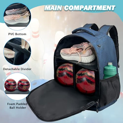 WOLT Bowling Ball Bag,2 Ball Bowling Backpack with Protective Foam Padded & Shoe Compartment Fits Up to Mens Size 16 - color: healthyblue