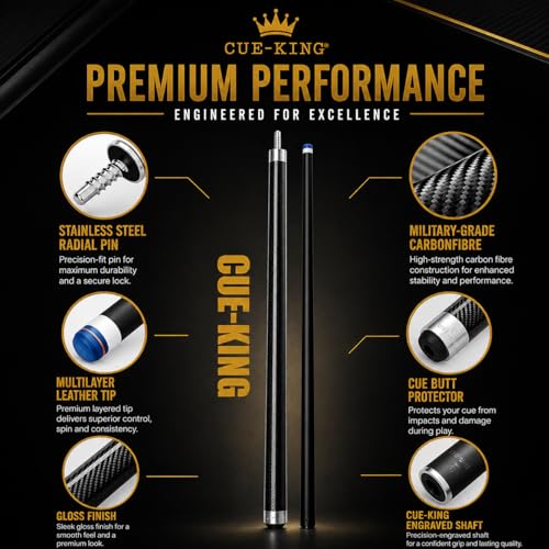 Cue-King Pool Cue Military-Grade Carbon Fibre 58” 18oz 2 Piece with 12.5mm Premium Tip Finished in Gloss Exposed Carbon Fibre, Professional Pool Cue - style: With Premium Case