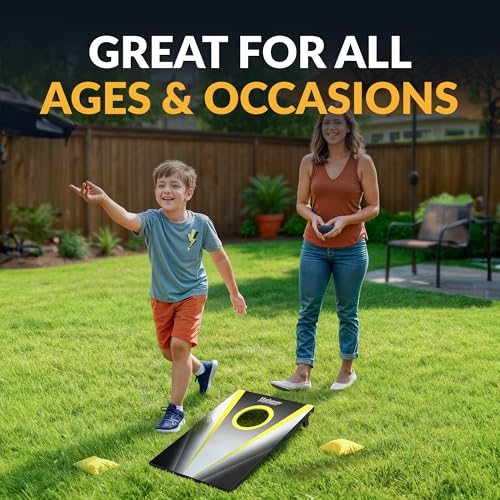 Hathaway Compact Cornhole Bean Bag Toss Game Set – Includes 2 Target Boards, 8 Bean Bags in Black and Yellow, and Carrying Case – Portable Cornhole Board Set for Outdoor Games