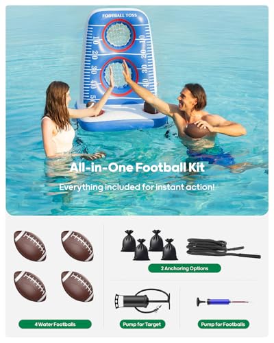 QPAU Inflatable Football Toss Game for Pool – Water Football Target with 4 Balls & 2 Pumps, Dual Net Design, Stable Base, Summer Pool Game for Kids & Adults (Blue+White) - color: Blue+white