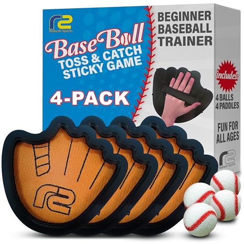 Toss and Catch Ball Game Set - Easy to Use Sticky Balls & Beginner Baseball Training Glove - Premium Toy Paddle Fits All Hand Sizes From Toddlers to Teens & Adults - Fun Gift Idea for Boys and Girls - style: 4 Pack