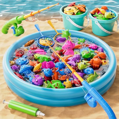60 Pcs Magnetic Fishing Pool Toys Game for Kids Toddlers, Fishing Water Table Bathtub Toy with Inflatable Pool Pole Rod Net Bucket Plastic Floating Fish, Water Bath Pool Outdoor Toy for Kids Age 3 4 5 - style: 2 rods 2 nets 2 buckets 51 fish