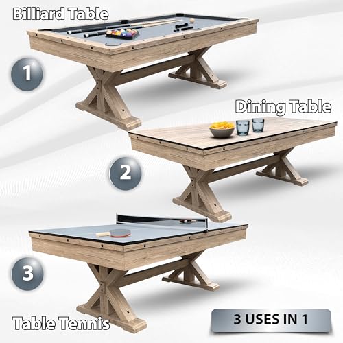 7 FT 3 in 1 Multi Game Pool Table with Dining Top Ping Pong Table Combo, Includes Pool Table Accessories and Tennis Paddles. (Rustic Oak with Grey Felt)