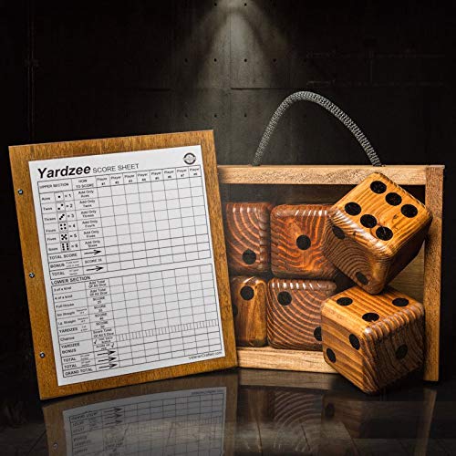 Yardzee Yard Dice Set with 8 player dry erase score sheet - 6 Giant Wood Lawn Dice - Great Backyard Game