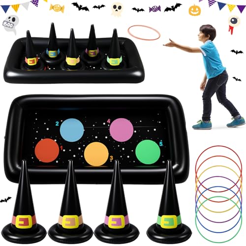 Soulchen Giant Halloween Ring Toss Games Carnival Games Inflatable Witch Hat Ring Toss with Weighted Bottom Witch Hat Rings for Kids Adults Halloween Party Carnival Classroom Outdoor Indoor School