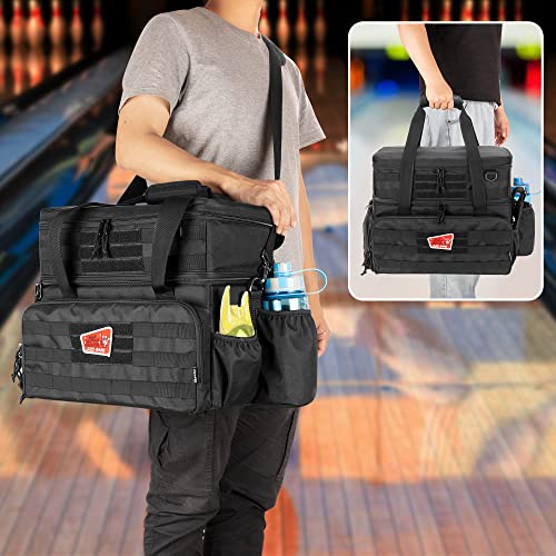 DSLEAF Bowling Bag for 2 Balls with Wooden Ball Holder, Bowling Ball Tote with Padded Divider for A Pair of Bowling Shoes Up to Mens 16 and Extra Essentials (Patent Design), Bag Only