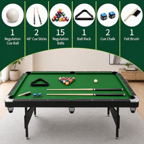 63.8 Inch Foldable Pool Table, No Assembly, Steel Folding Legs, 4-Point Leveling Feet, Complete Set — 16 Balls, Triangle, Chalk, Felt Brush - color: Green Felt+Black Frame