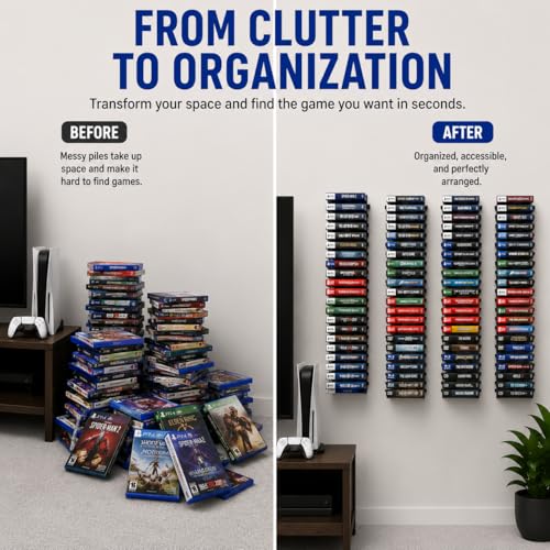 4-Pack Video Game Storage Wall Mount, Black Metal Shelves with 8 Screws & 8 Plastic Expansion Tubes, Media Storage Holds 72 Discs Fit for PS, Xbox, Switch