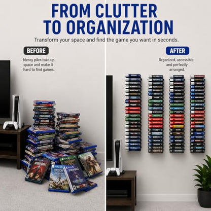 4-Pack Video Game Storage Wall Mount, Black Metal Shelves with 8 Screws & 8 Plastic Expansion Tubes, Media Storage Holds 72 Discs Fit for PS, Xbox, Switch