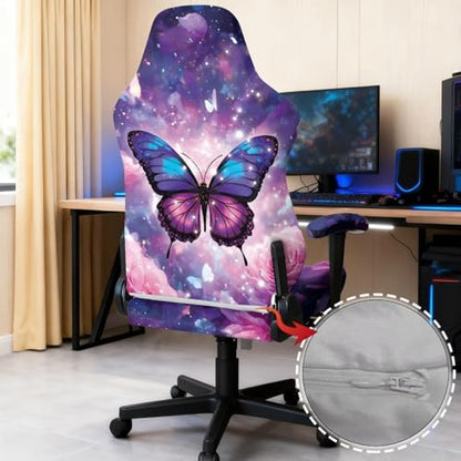 Suobstales Galaxy Butterfly Rose Flower Pattern Gaming Chair Cover, Soft Gaming Chair Slipcovers for Office, Soft Spandex Gaming Chair Slipcovers with Armrest Covers for Office Chair, Computer Chair - color: Galaxy Butterfly Rose Flower