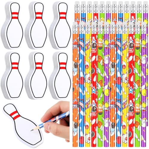 ReliThick 48 Pcs Bowling Party Favors Include 24 Bowling Shape Sticky Notes and 24 Pencils with Eraser Sports Themed Gifts for Teacher Office Reward
