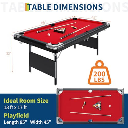 CuisinSmart 6-7 Ft Foldable Billiards Tables, Portable Pool Table, Billiards Tables for Adults Full Size, Outdoor Pool Table Includes Full Set of Balls, 2 Cue Sticks, Chalk and Felt Brush (Red, 7FT)