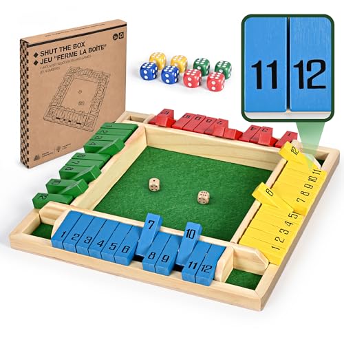 ropoda 12 Inches 4-Way Shut The Box Dice Board Game (2-4 Players) for Kids & Adults [4 Sided Large Wooden Board Game, 8 Dice + Shut-The-Box Rules] Smart Game for Learning Addition - size: 12in-Classic