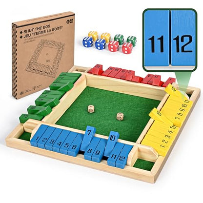ropoda 12 Inches 4-Way Shut The Box Dice Board Game (2-4 Players) for Kids & Adults [4 Sided Large Wooden Board Game, 8 Dice + Shut-The-Box Rules] Smart Game for Learning Addition - size: 12in-Classic